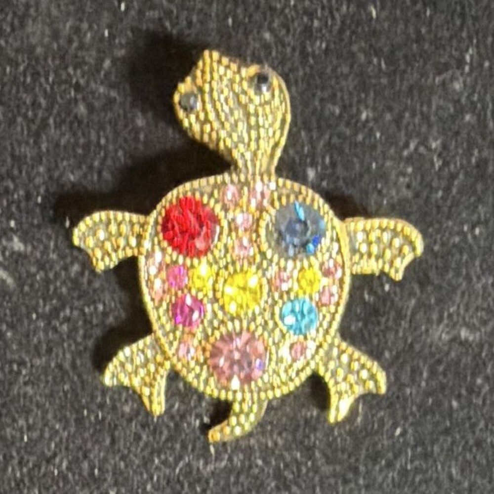 Gold Tone Multicolor Crystal Rhinestone Turtle Brooch Pin Round Stones 1.5 in